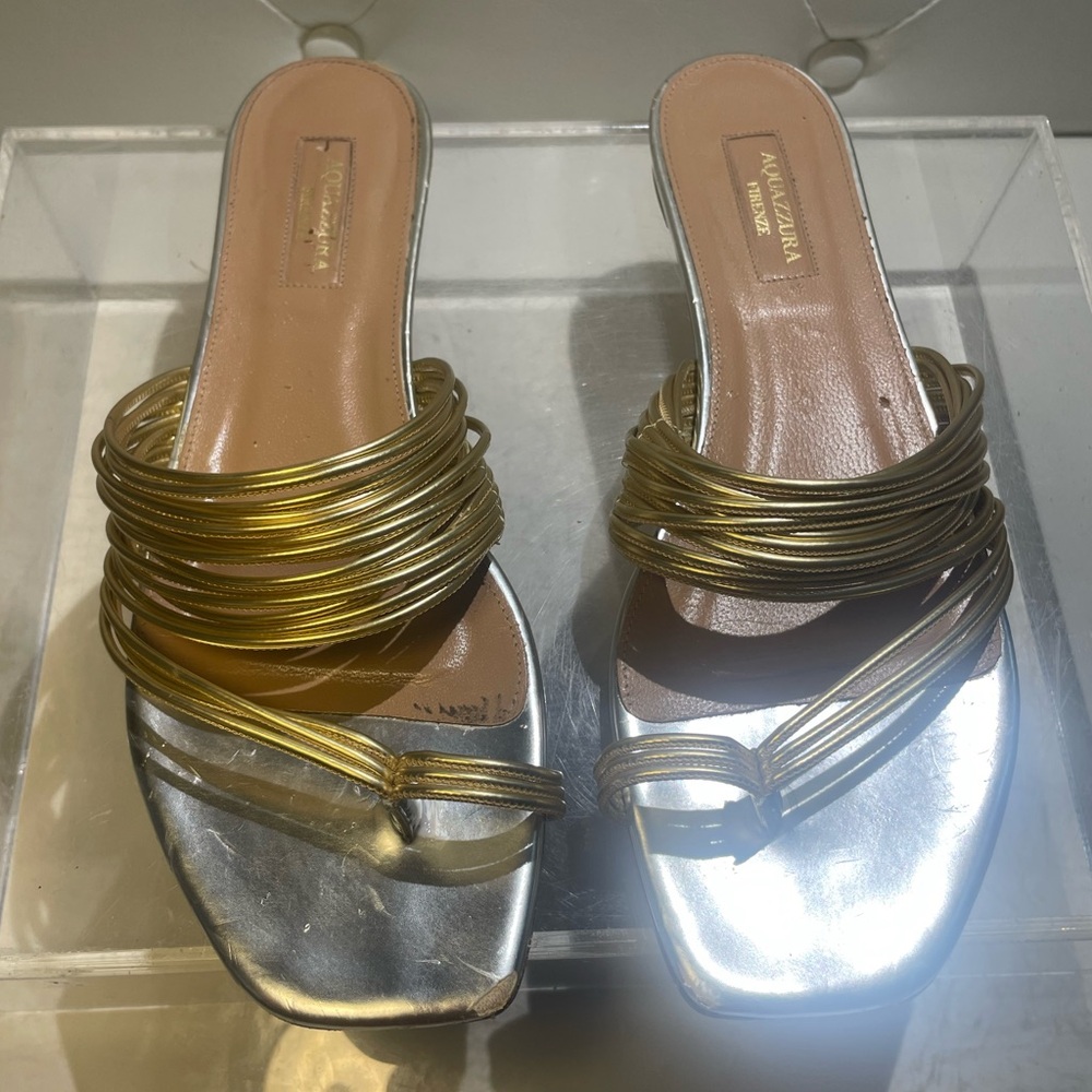 AQUAZZURA gold leather flat slippers sandals sz 39 made in italy